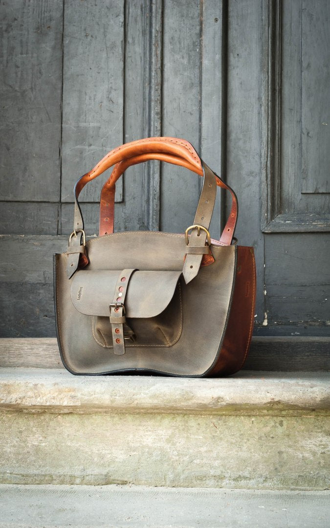 Torba skórzana w stylu kuferek w kolorze khaki i rudy