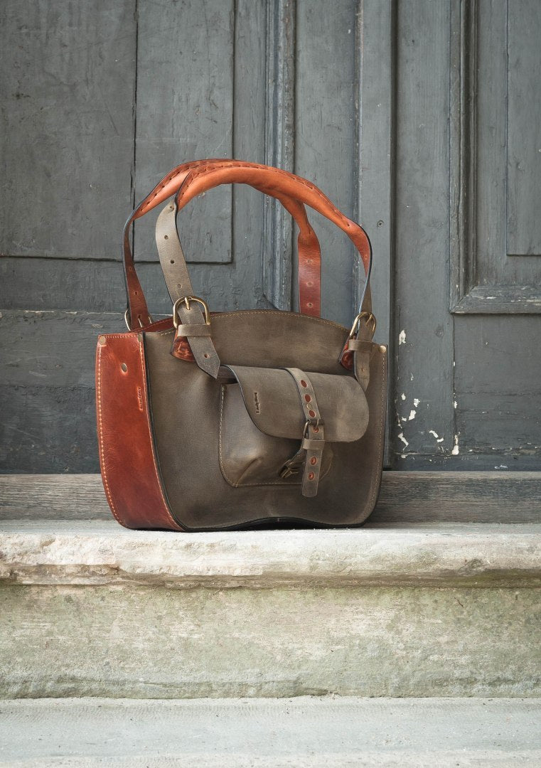 Torba skórzana w stylu kuferek w kolorze khaki i rudy