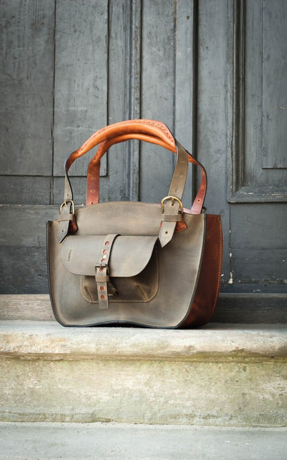 Torba skórzana w stylu kuferek w kolorze khaki i rudy