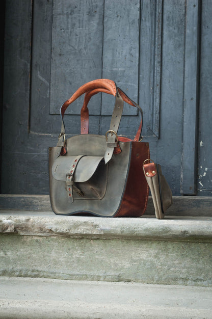 Torba skórzana w stylu kuferek w kolorze khaki i rudy